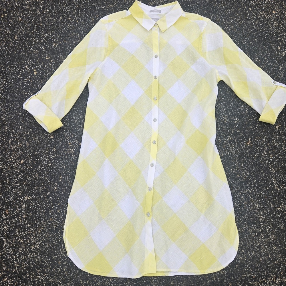 Chico's Linen Lounge Dress 14 Relaxed Resort Tunic Yellow Picnic Plaid Roll Tab